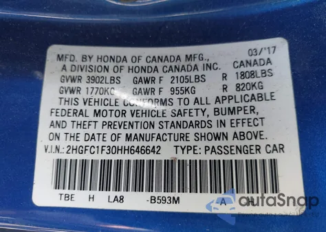 2017 Honda Civic Ex-T z USA, uszkodzony, nr VIN 2HGFC1F30HH646642